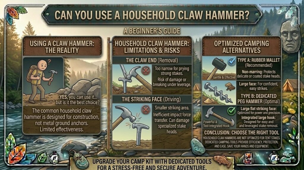 Can I use a regular household claw hammer for tent stakes