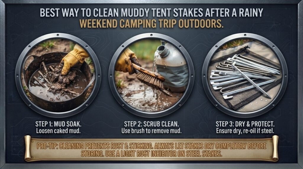 Best way to clean muddy tent stakes after a rainy weekend camping trip outdoors