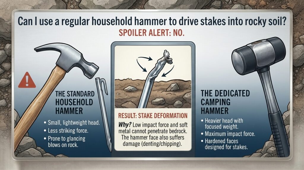 Can I use a regular household hammer to drive stakes into rocky soil