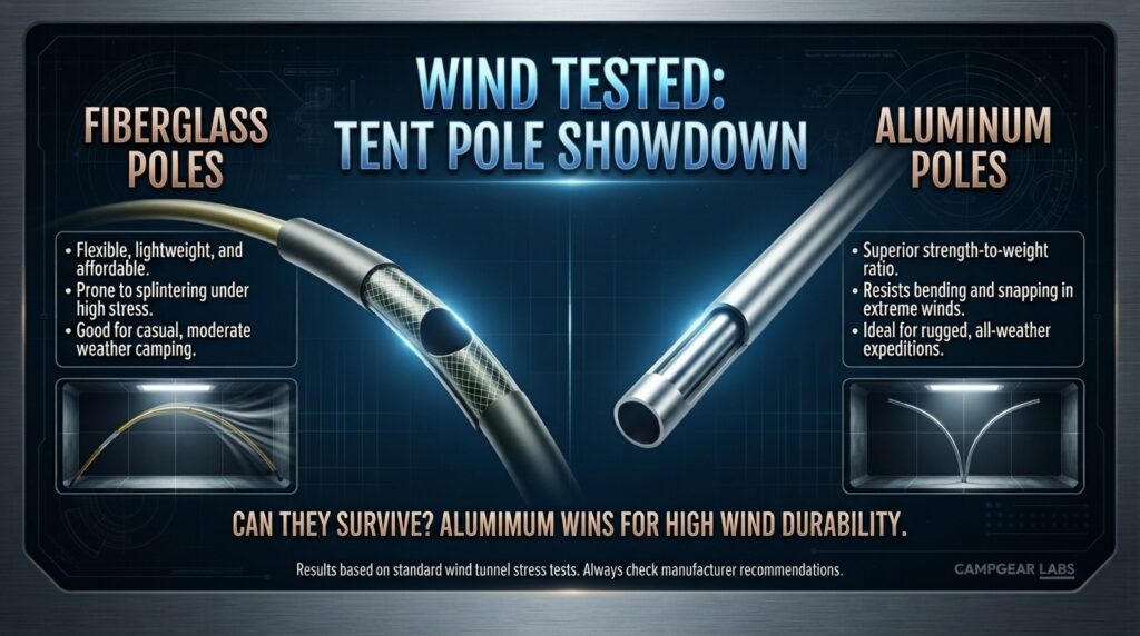 Can fiberglass tent poles survive high winds, or should I upgrade to aluminum