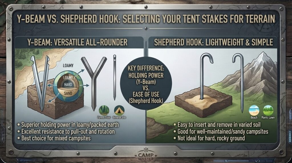 Differences between Y-beam and shepherd hook tent stakes for various camping terrain types
