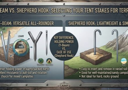 Differences between Y-beam and shepherd hook tent stakes for various camping terrain types