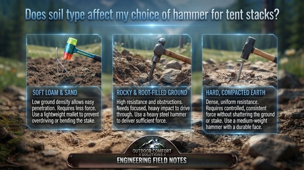 Does soil type affect my choice of hammer for tent stacks