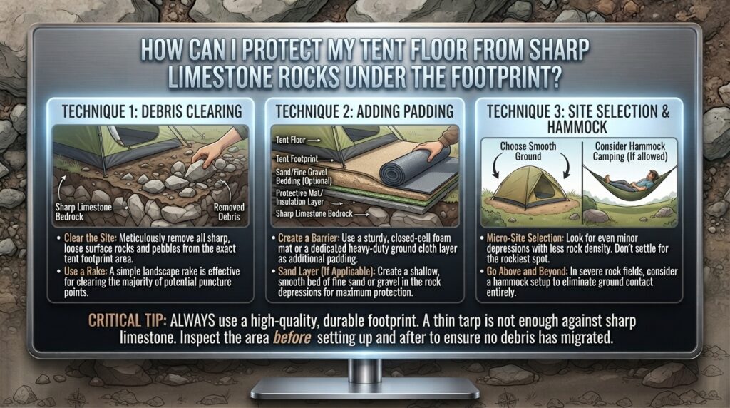 How can I protect my tent floor from sharp limestone rocks under the footprint
