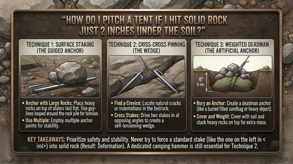 How do I pitch a tent if I hit solid rock just 2 inches under the soil
