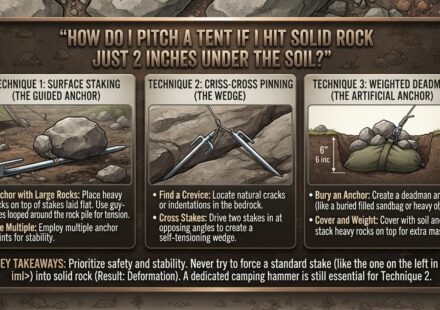 How do I pitch a tent if I hit solid rock just 2 inches under the soil