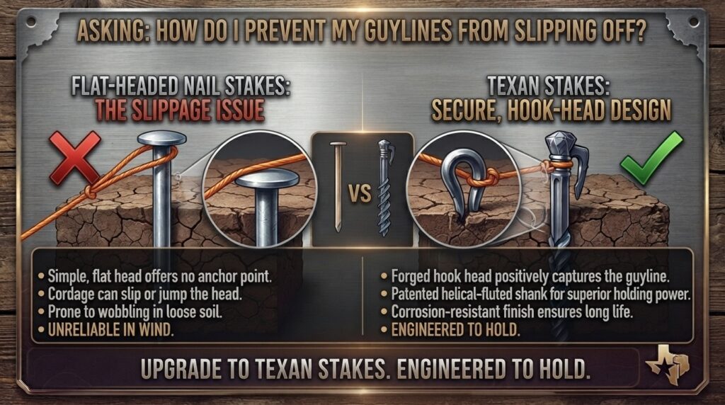 How do I prevent my tent guylines from slipping off flat-headed nail stakes