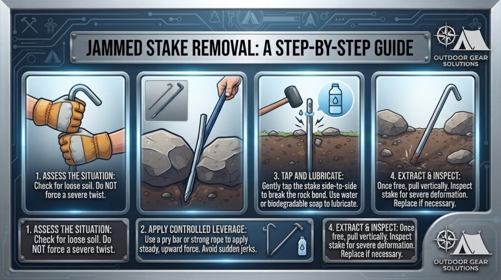 How do I remove a steel stake that is jammed tightly between underground rocks