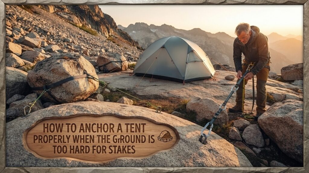 How to anchor a tent properly when the ground is too hard for stakes