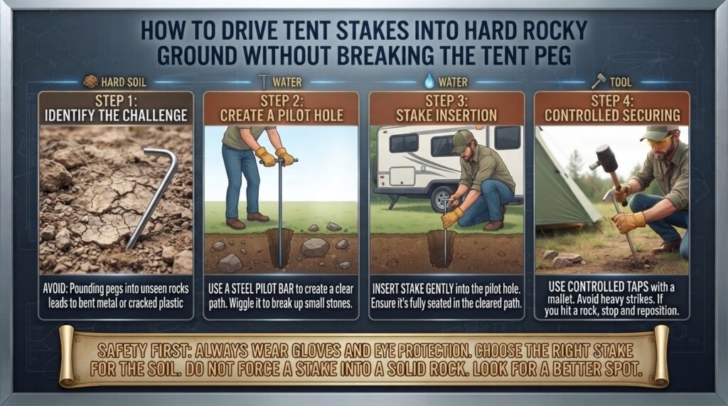 How to drive tent stakes into hard rocky ground without breaking the tent peg