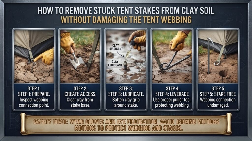 How to remove stuck tent stakes from clay soil without damaging the tent webbing