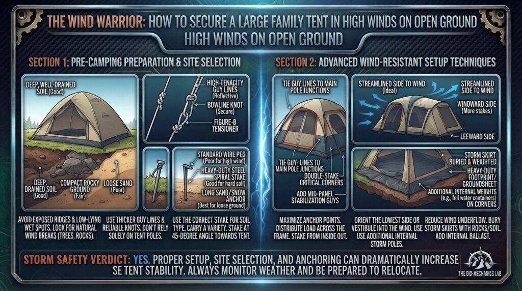 How to secure a large family tent in high winds on open camping ground