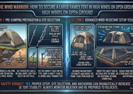 How to secure a large family tent in high winds on open camping ground