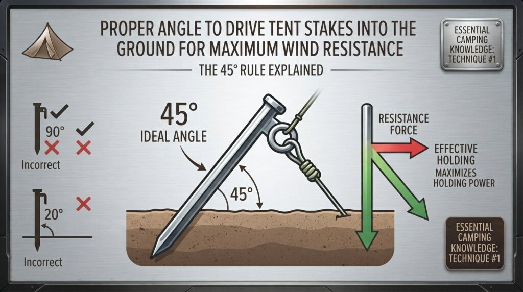 Proper angle to drive tent stakes into the ground for maximum wind resistance