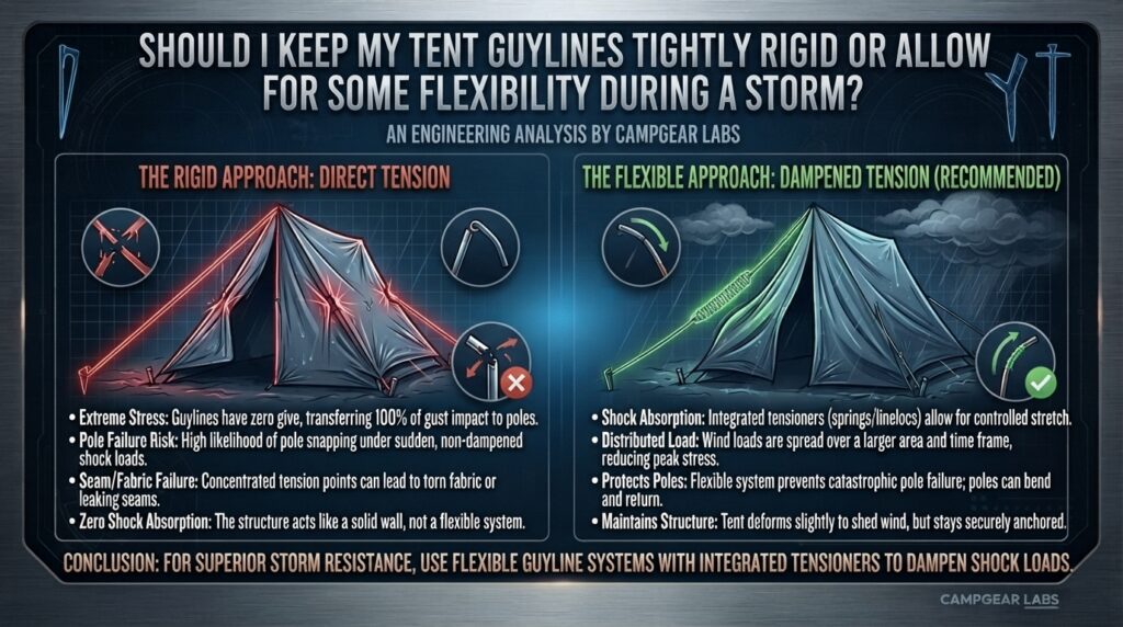 Should I keep my tent guylines tightly rigid or allow for some flexibility during a storm