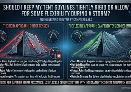 Should I keep my tent guylines tightly rigid or allow for some flexibility during a storm