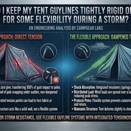 Should I keep my tent guylines tightly rigid or allow for some flexibility during a storm