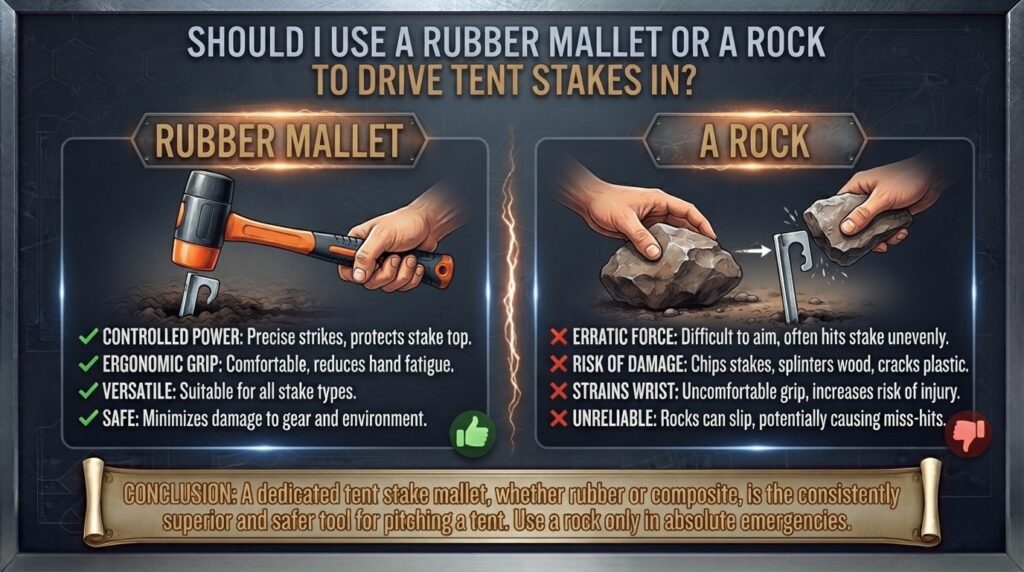 Should I use a rubber mallet or a rock to drive tent stakes in