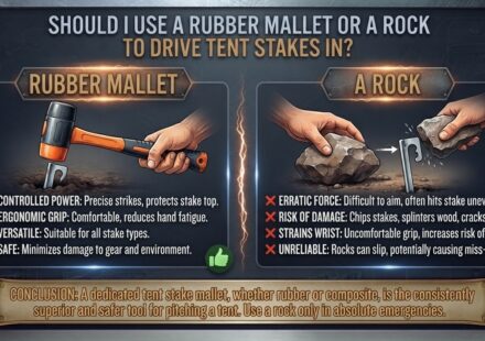 Should I use a rubber mallet or a rock to drive tent stakes in
