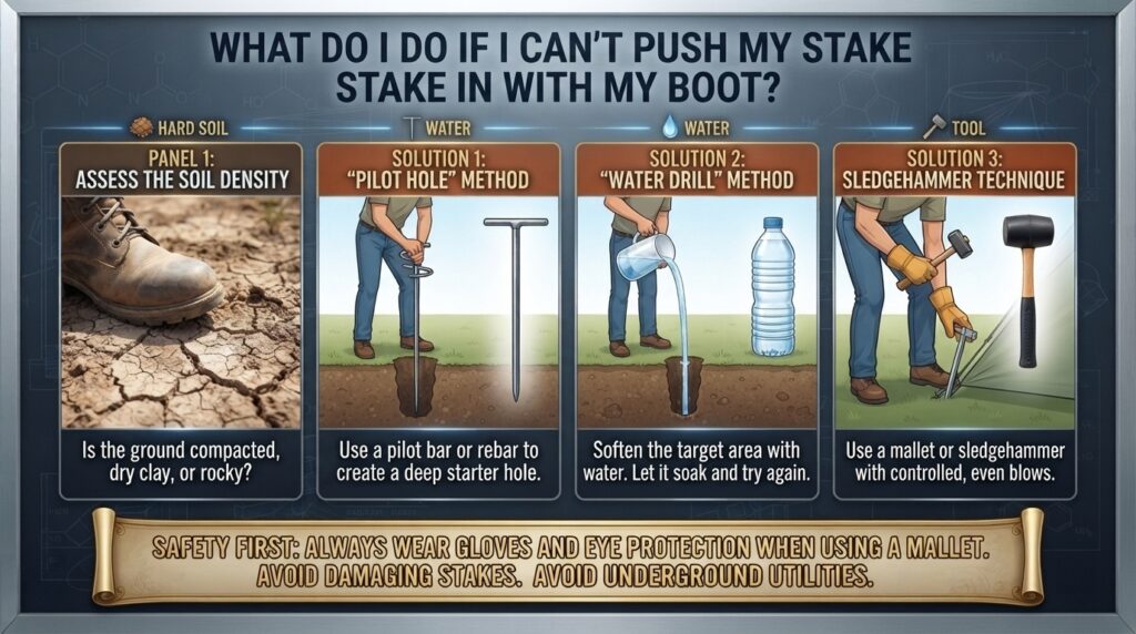 What do I do if I can’t push my stake in with my boot