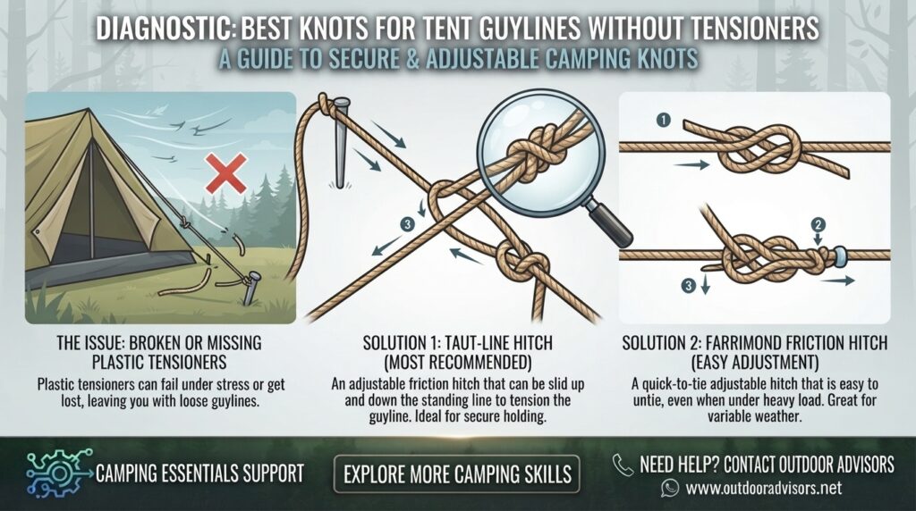 What is the best knot to use for tent guylines if I don’t have plastic tensioners