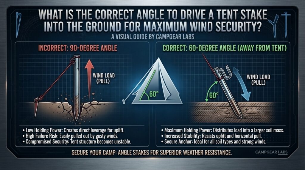What is the correct angle to drive a tent stake into the ground for maximum wind security