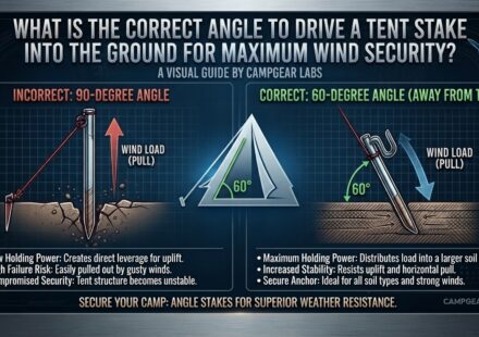 What is the correct angle to drive a tent stake into the ground for maximum wind security