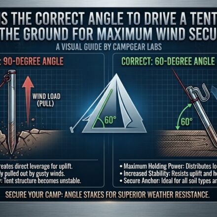 What is the correct angle to drive a tent stake into the ground for maximum wind security