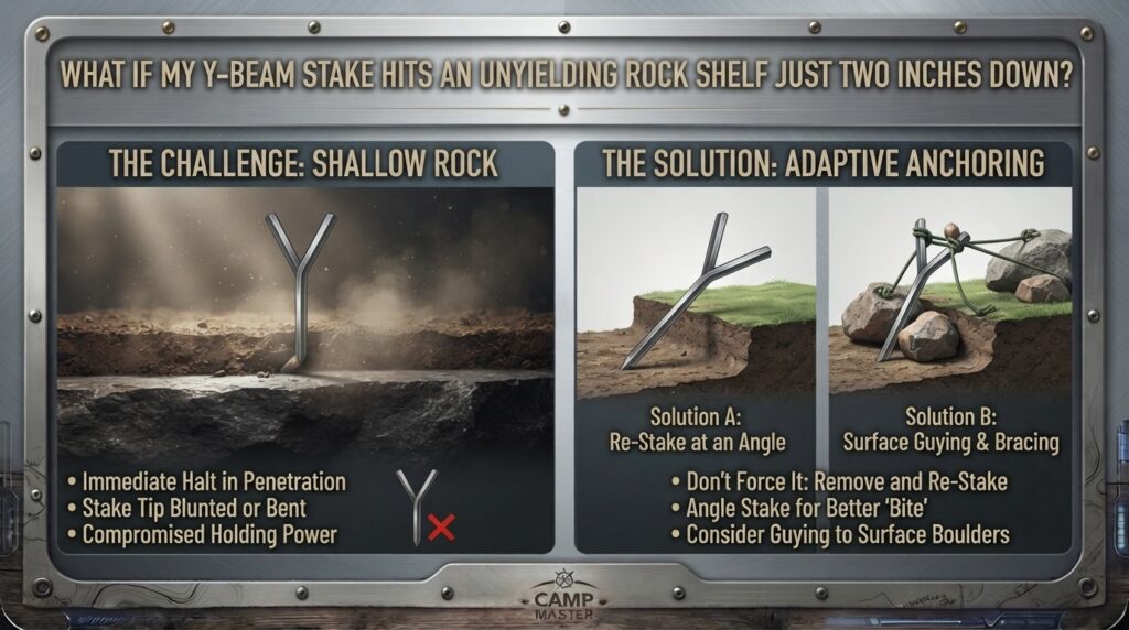 What should I do if my Y-Beam stake hits an unyielding rock shelf just two inches down