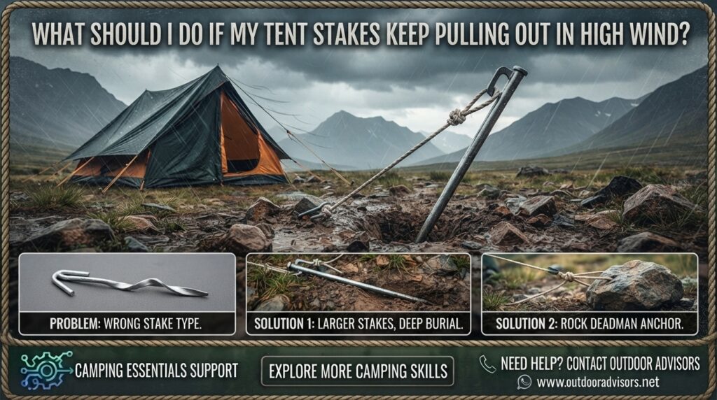 What should I do if my tent stakes keep pulling out in high wind