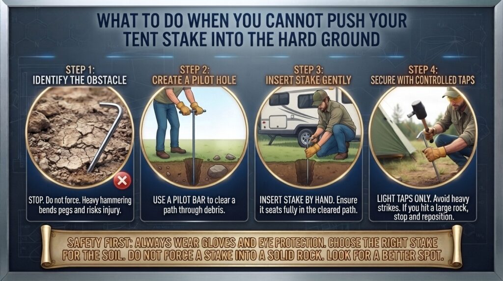 What to do when you cannot push your tent stake into the hard ground