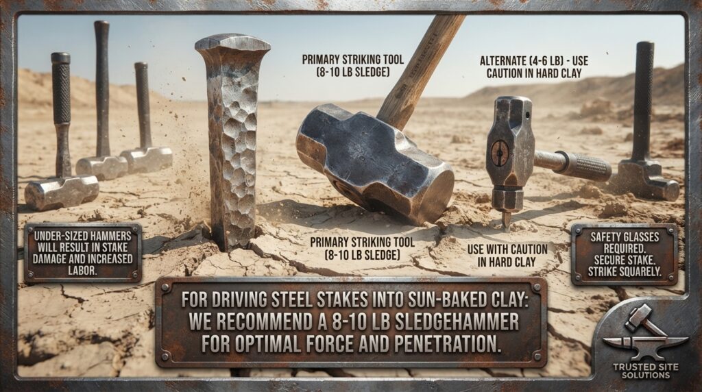 What weight hammer should I use for driving steel stakes into sun-baked clay