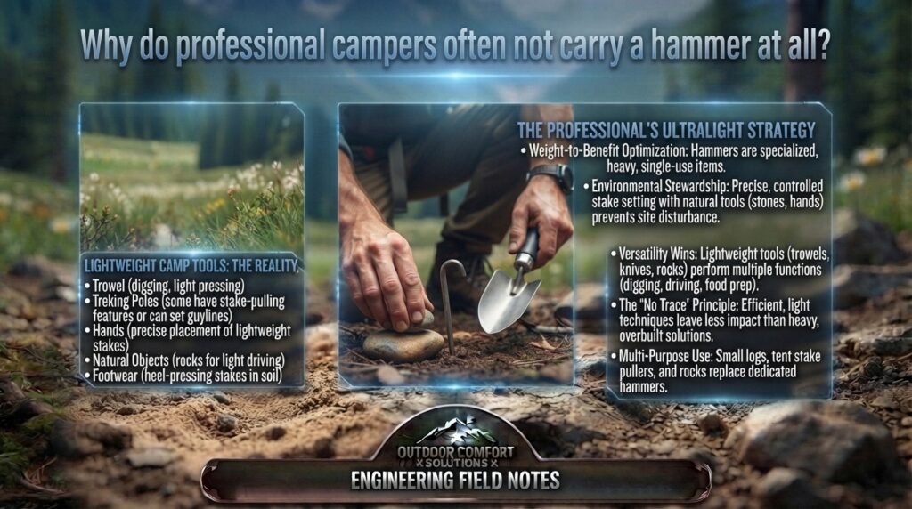 Why do professional campers often not carry a hammer at all