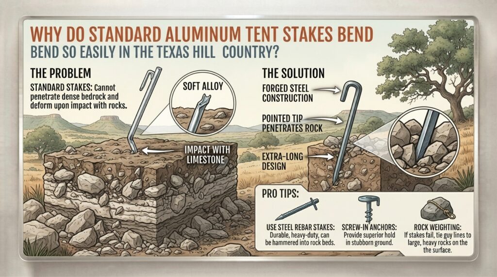 Why do standard aluminum tent stakes bend so easily in the Texas Hill Country