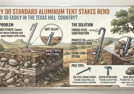 Why do standard aluminum tent stakes bend so easily in the Texas Hill Country