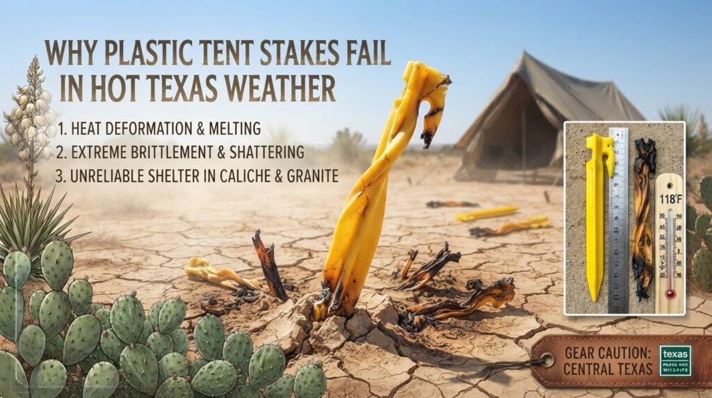 Why plastic tent stakes are a bad choice for camping in hot Texas weather