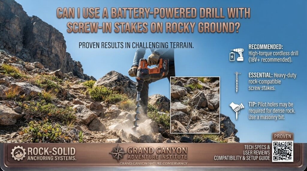Can I use a battery-powered drill with screw-in stakes on rocky ground