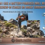 Can I use a battery-powered drill with screw-in stakes on rocky ground