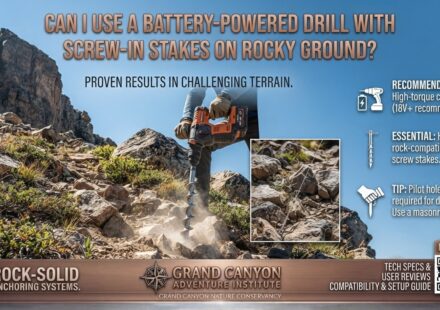 Can I use a battery-powered drill with screw-in stakes on rocky ground