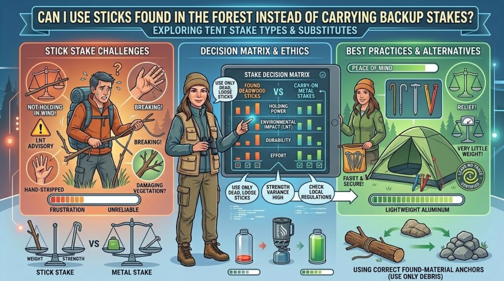 Can I use sticks found in the forest instead of carrying backup stakes