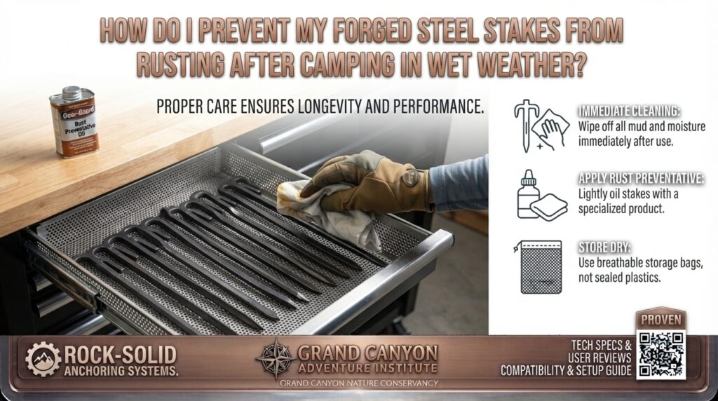 How do I prevent my forged steel stakes from rusting after camping in wet weather