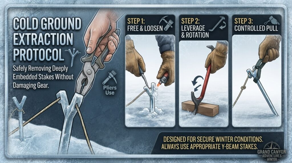How do I remove a deep Y-beam stake stuck in frozen or hard ground without snapping the cord