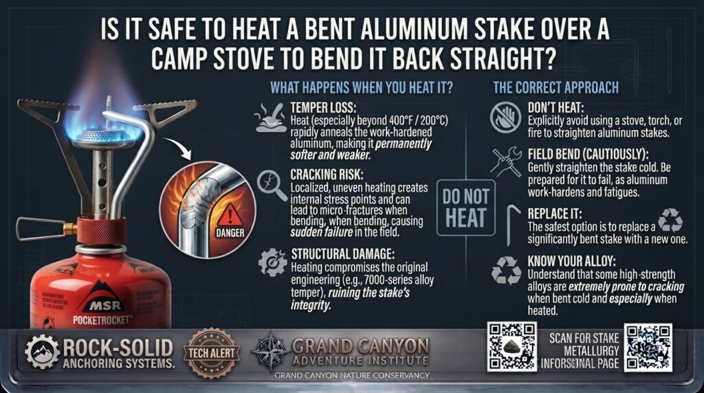Is it safe to heat a bent aluminum stake over a camp stove to bend it back straight