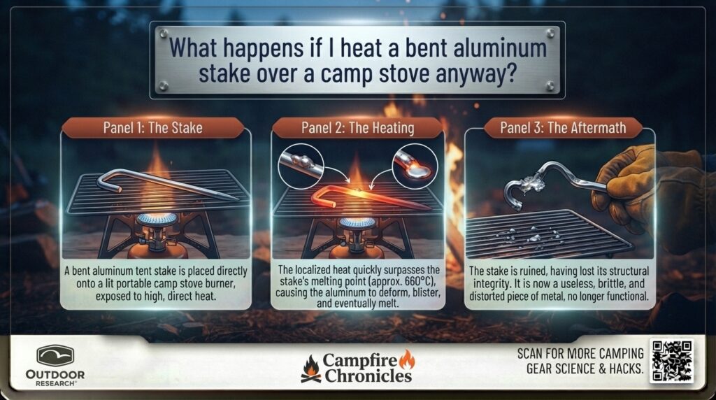 What happens if I heat a bent aluminum stake over a camp stove anyway