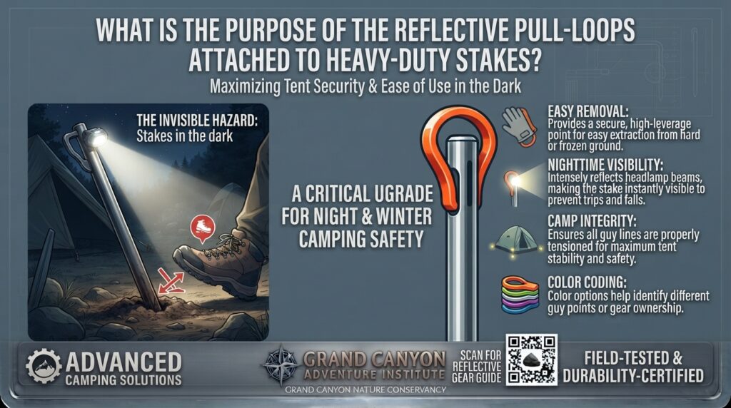 What is the purpose of the reflective pull-loops attached to heavy-duty stakes