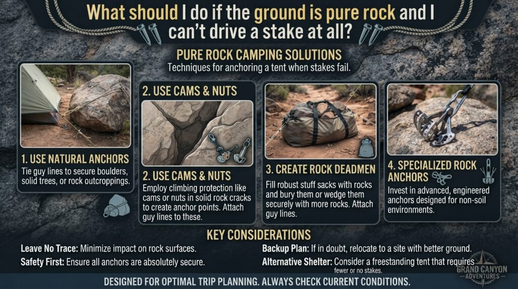 What should I do if the ground is pure rock and I can’t drive a stake at all