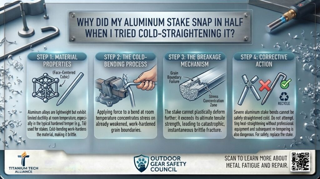 Why did my aluminum stake snap in half when I tried cold-straightening it
